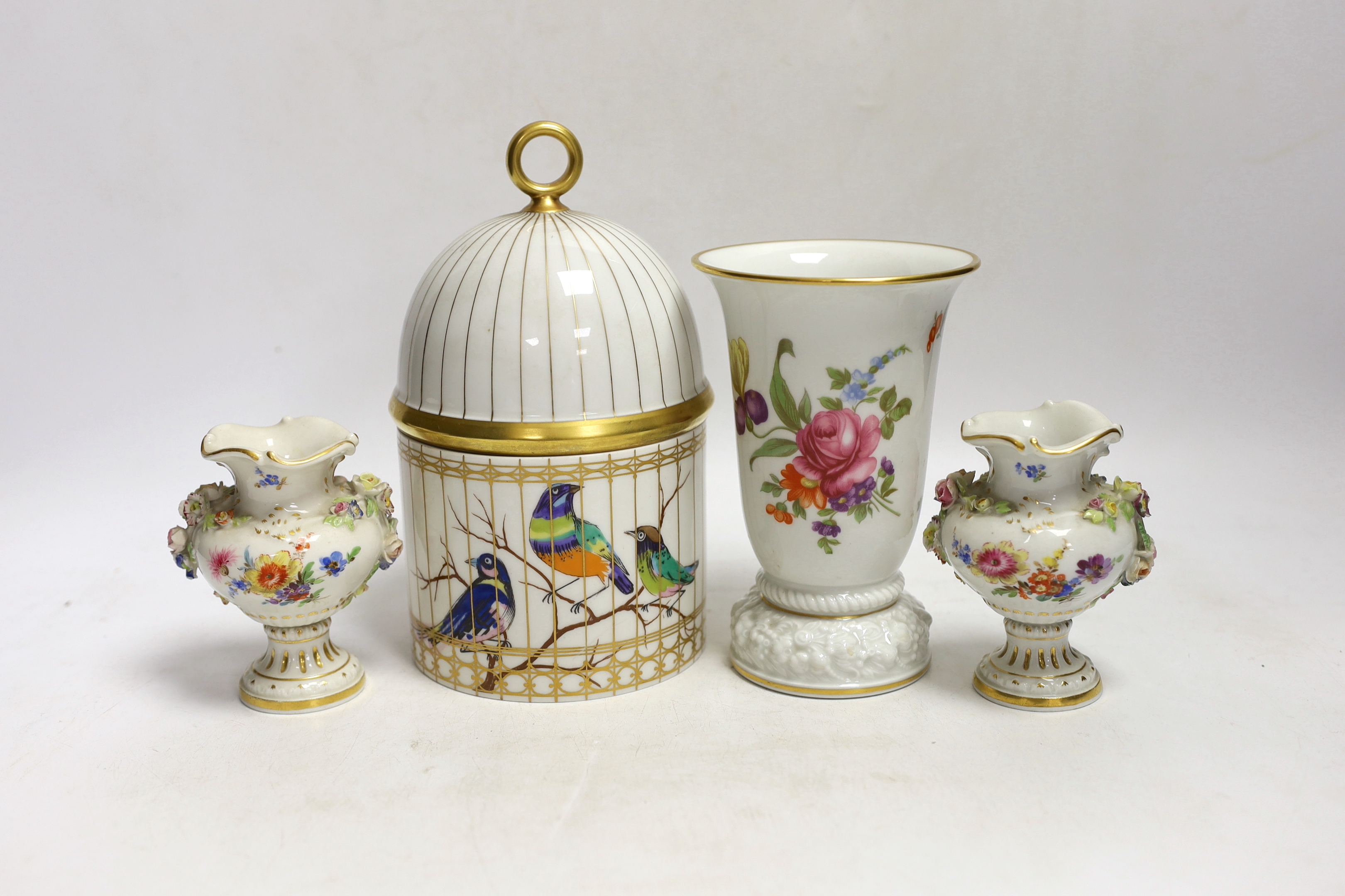 A pair of Meissen flower encrusted vases, a Rosenthal 'birdcage' jar and cover and a Rosenthal vase, tallest 19.5cm